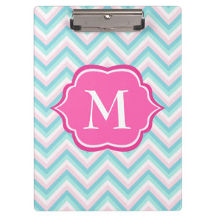Aqua Blue Chevron Pink White Monogram Design Clipboard