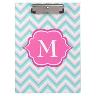 Aqua Blue Chevron Pink White Monogram Design Clipboard