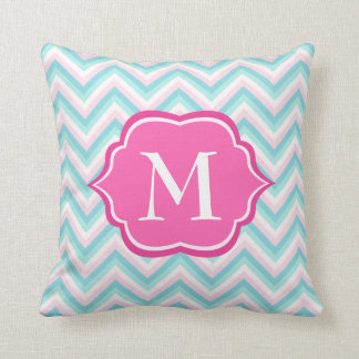 Aqua Blue Chevron Pink White Monogram Design Cushion