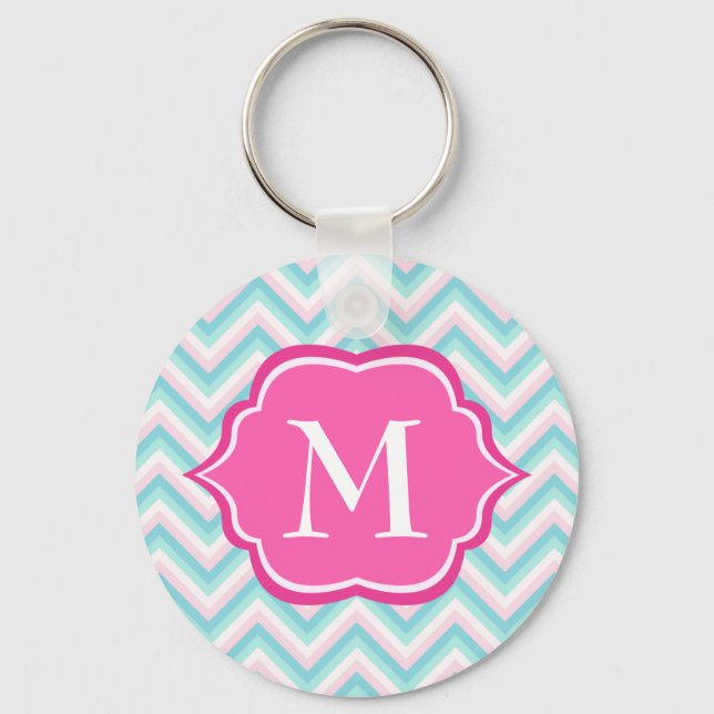 Aqua Blue Chevron Pink White Monogram Design Key Ring (Front)