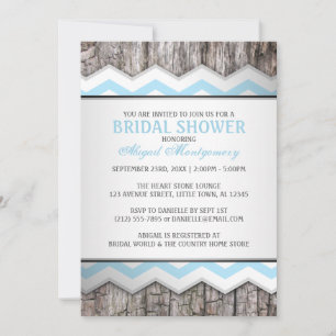 Aqua Blue Chevron & Wood Rustic Bridal Shower Invitation