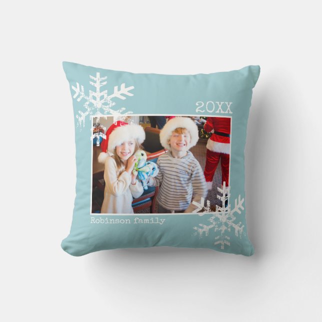 Aqua Blue Christmas Photo Distressed Snowflakes Cushion (Front)