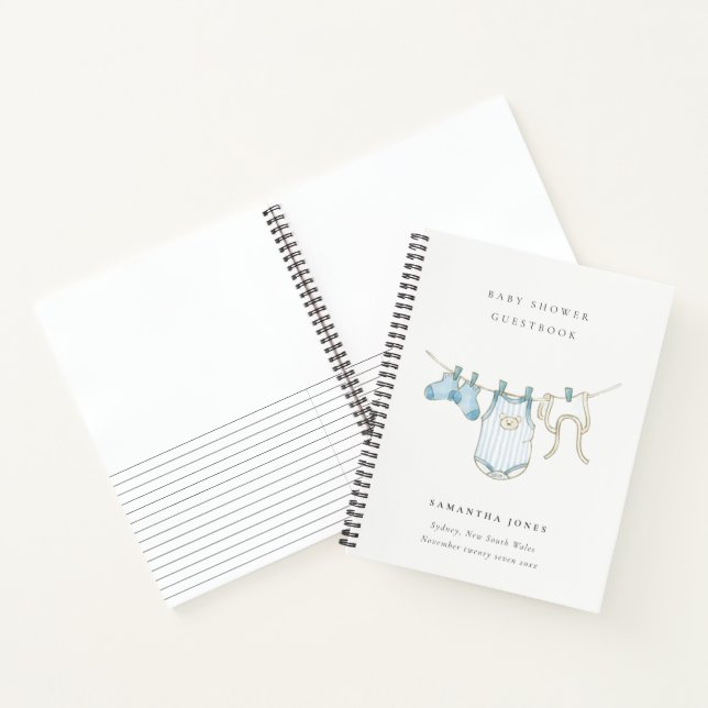 Aqua Blue Clothesline Boy Baby Shower Guestbook Notebook (Inside)