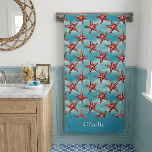 Aqua Blue Coastal Starfish Bath Towel (Creator Uploaded)