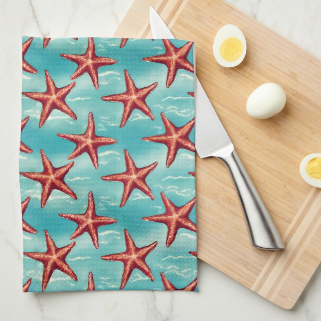 Aqua Blue Coastal Starfish Tea Towel (Quarter Fold)