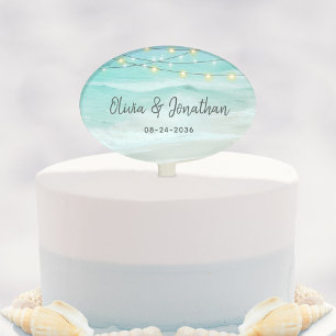 Aqua Blue Coastal String Lights Beach Wedding Cake Pick