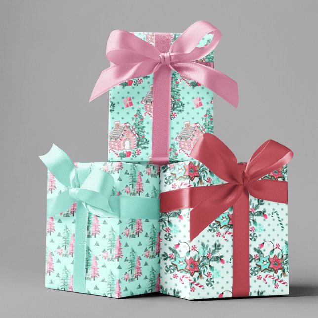 Aqua Blue Colourful pink Christmas Gingerbread Tre Wrapping Paper Sheet (Creator Uploaded)