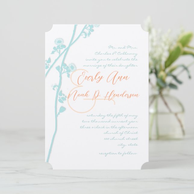 Aqua Blue Coral Flower Wedding Invitation (Standing Front)