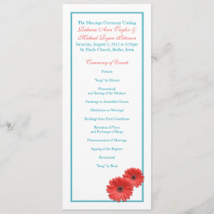 Aqua Blue Coral Gerbera Daisy Wedding Program Programme