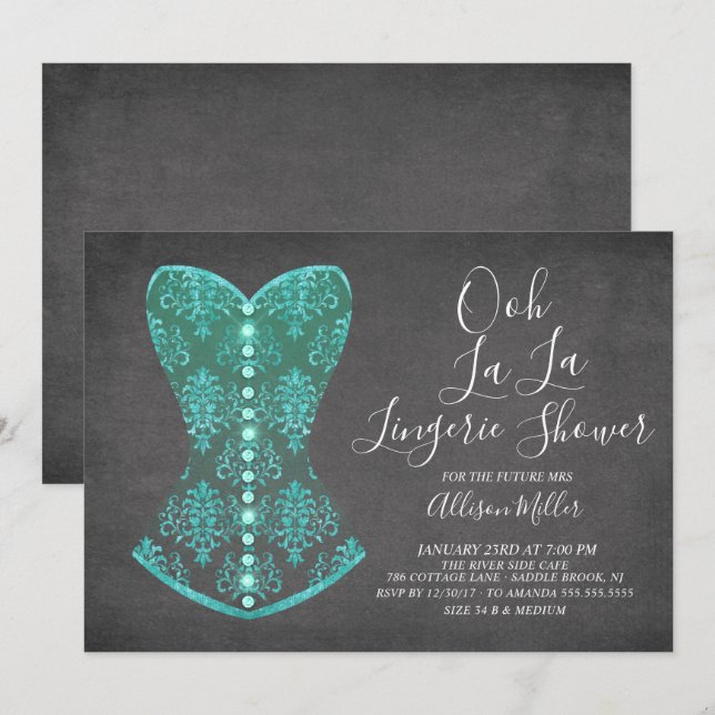Aqua Blue Corset Lingerie Bridal Shower Invitation (Front/Back)