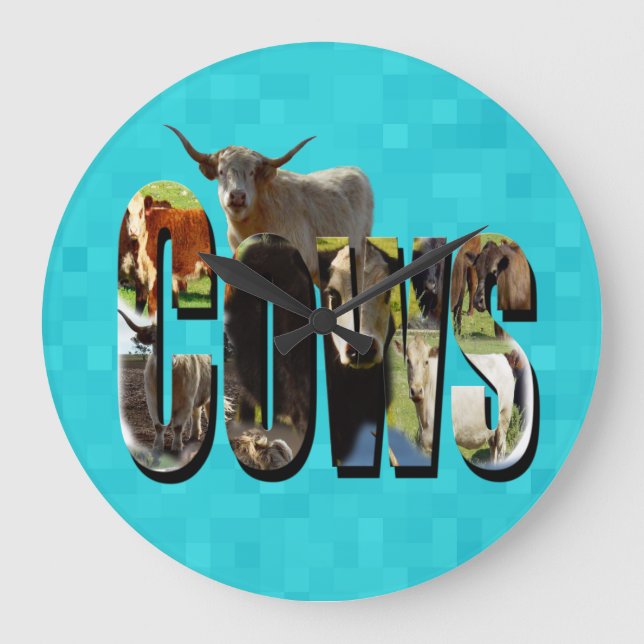 Aqua Blue Cows Picture Logo With Cows,  Large Clock (Front)