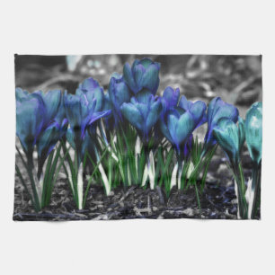 Aqua Blue Crocus Blooms Tea Towel