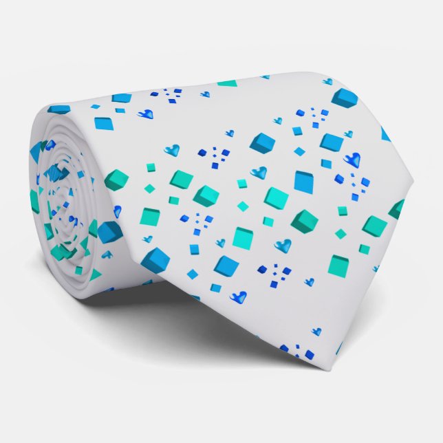 Aqua Blue Cubes and Hearts Tie (Rolled)