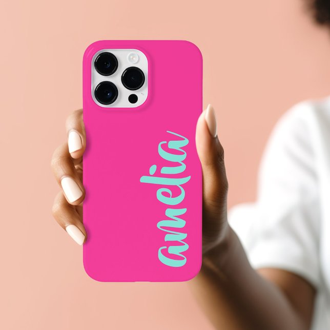 Aqua blue custom name script bold hot pink Case-Mate iPhone case (Aqua blue custom name script bold hot pink Case-Mate iPhone case)