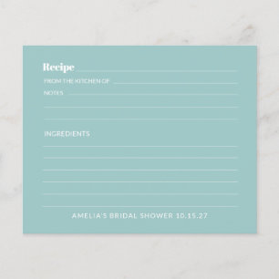 Aqua Blue Cute Custom Bridal Shower Recipe Card