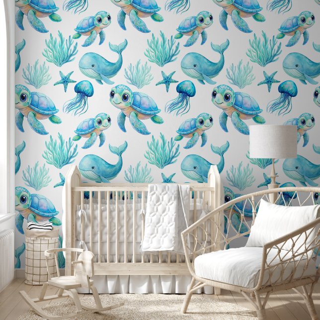 Aqua blue cute sea turtle creatures nursery art wallpaper (Kids)