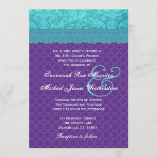 Aqua Blue Damask and Purple Wedding A05 Invitation
