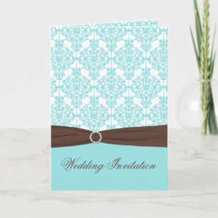 Aqua Blue Damask Card Style Wedding Invite