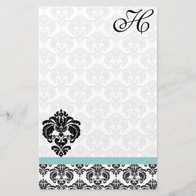 Aqua Blue Damask Monogram Recycled Paper (Front)
