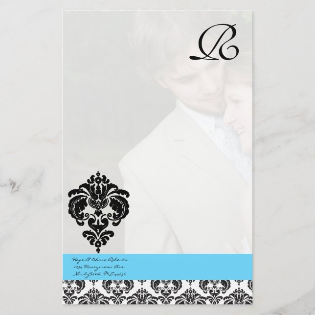 Aqua Blue Damask Monogram Wedding Stationery (Front)