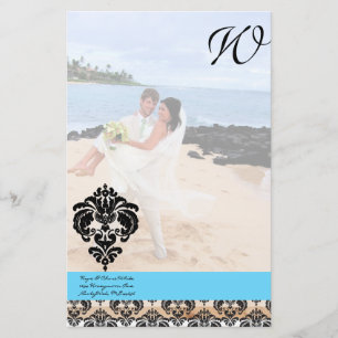 Aqua Blue Damask Monogram Wedding Stationery