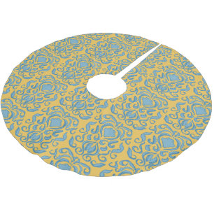 Aqua Blue Damask Old World Cream Yellow Brushed Polyester Tree Skirt