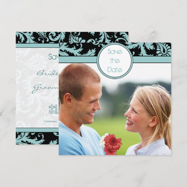 Aqua Blue Damask on Black Wedding Invitation (Front/Back)