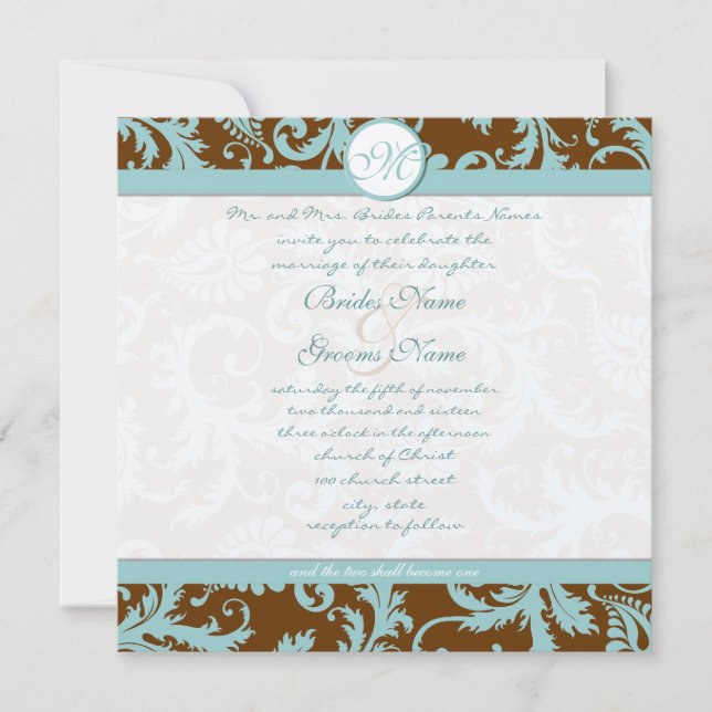 Aqua Blue Damask on Brown Christion Wedding Invitation (Front)