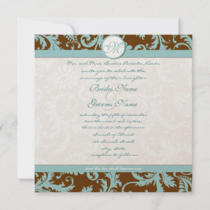 Aqua Blue Damask on Brown Christion Wedding Invitation