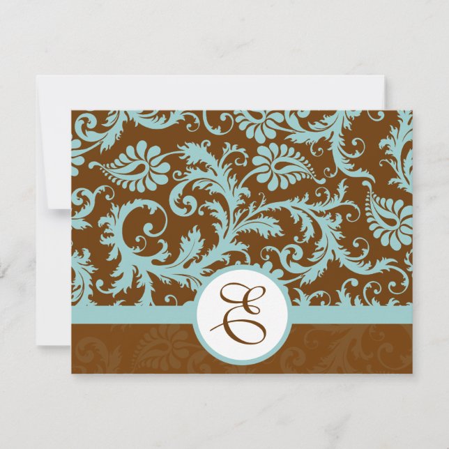 Aqua Blue Damask on Brown Wedding Invitation (Front)