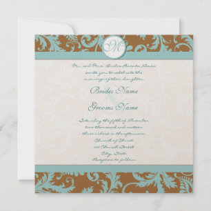 Aqua Blue Damask on Brown Wedding Invitation