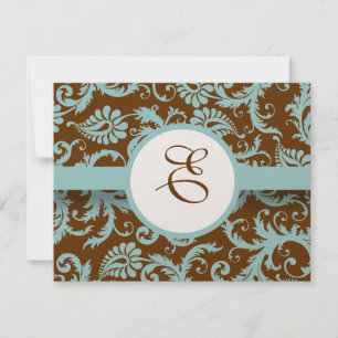 Aqua Blue Damask on Brown Wedding Invitation