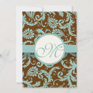 Aqua Blue Damask on Brown Wedding Invitation