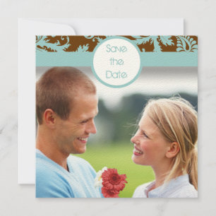 Aqua Blue Damask on Brown Wedding Invitation