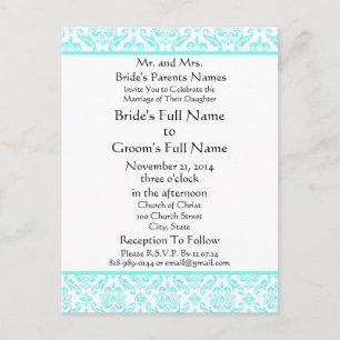 Aqua Blue Damask on White Wedding Invitation