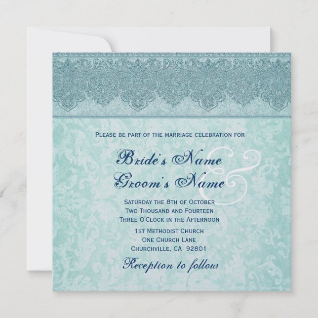 Aqua Blue Damask Ribbon Wedding Invitation (Front)
