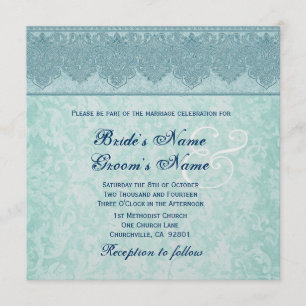 Aqua Blue Damask Ribbon Wedding Invitation
