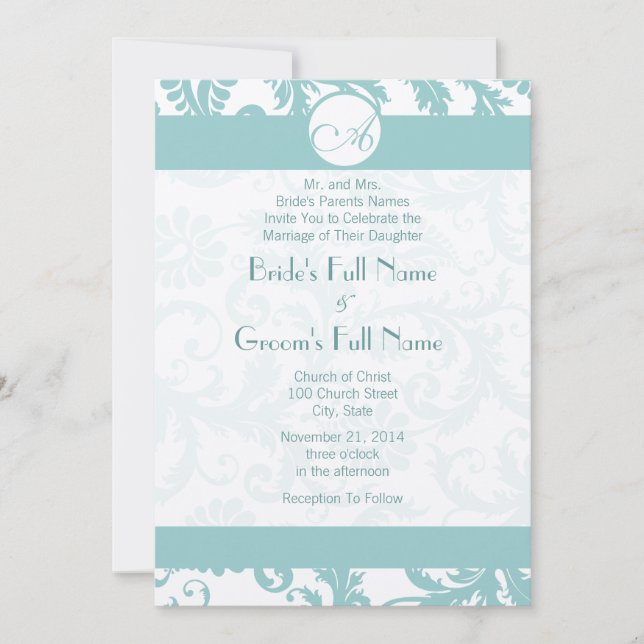 Aqua Blue Damask Swirls Wedding Invitation (Front)