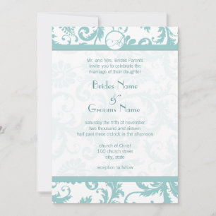 Aqua Blue Damask Swirls Wedding Invitation