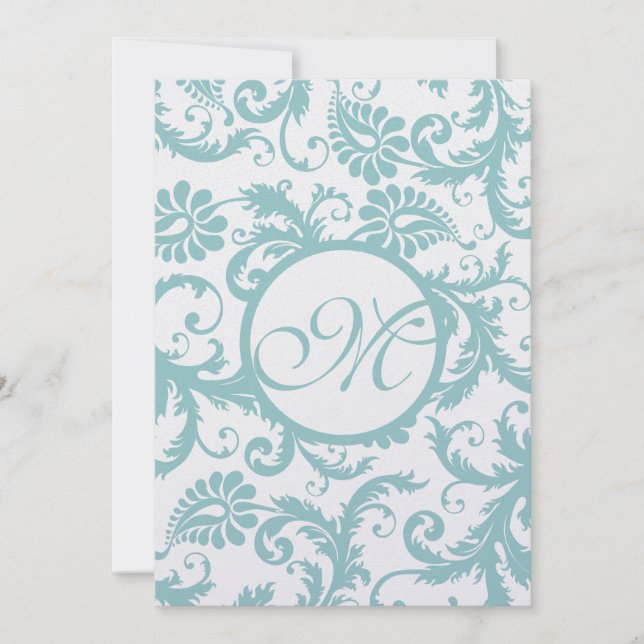 Aqua Blue Damask Swirls Wedding Invitation (Front)