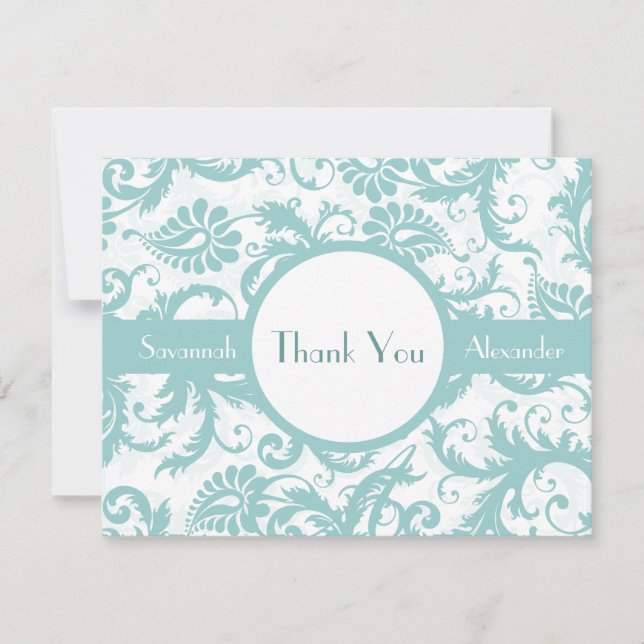 Aqua Blue Damask Swirls Wedding Invitation (Front)