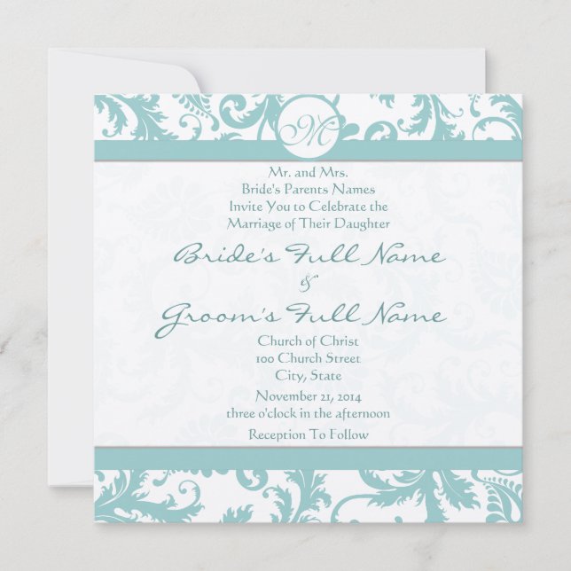 Aqua Blue Damask Swirls Wedding Invitation (Front)