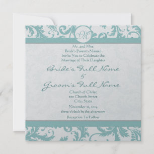 Aqua Blue Damask Swirls Wedding Invitation