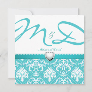 Aqua Blue Damask with Personalised Monogram Invitation