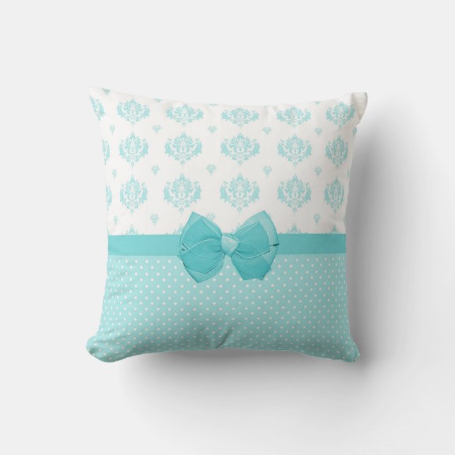 Aqua Blue Damask With Turquoise Ribbon Cushion (Front)