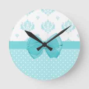 Aqua Blue Damask With Turquoise Ribbon Round Clock