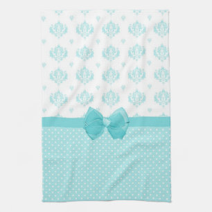 Aqua Blue Damask With Turquoise Ribbon Tea Towel