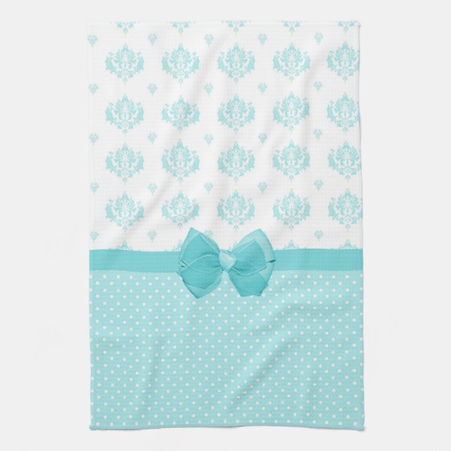 Aqua Blue Damask With Turquoise Ribbon Tea Towel (Vertical)