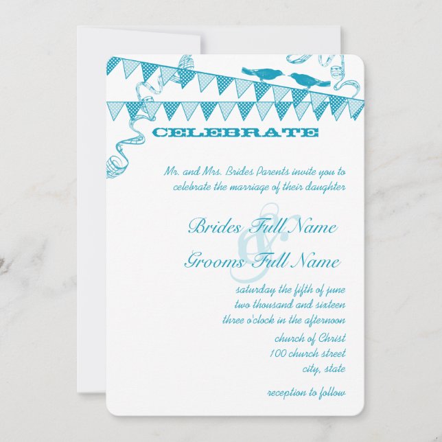 Aqua Blue Dots Bunting Pennant Wedding Invitations (Front)