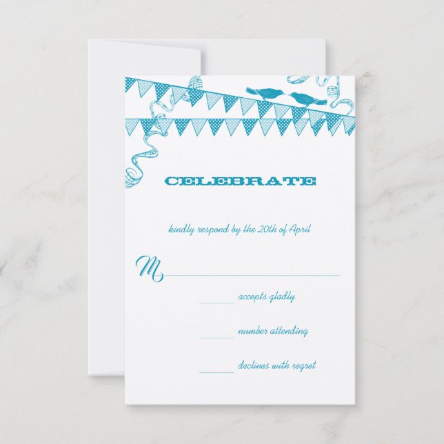 Aqua Blue Dots Love Bird Bunting Wedding RSVP Invitation (Front)
